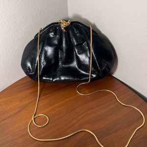 Judith Leiber Vintage Clutch Purse Black Leather and Gold